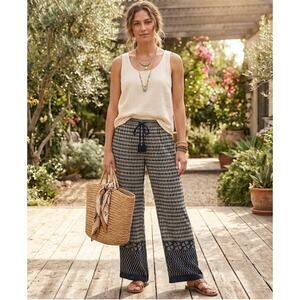 Dylan by True Grit Boho Wide Leg Pants Blue Ikat Border Print Viscose Resort SM